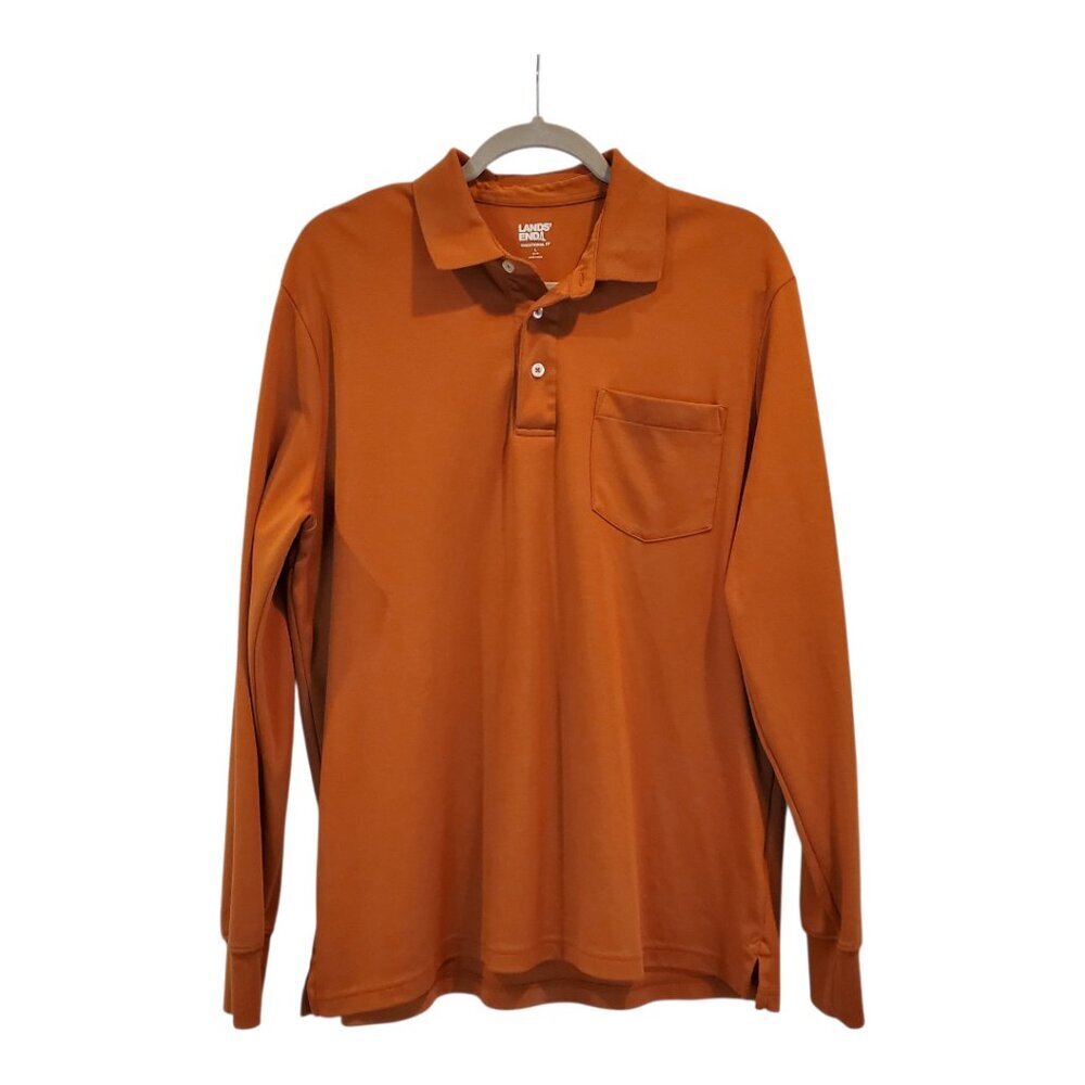 LANDS' END SZ L Men's Traditional Long Sleeve Soft Supima Polo Shirt w/Pocket